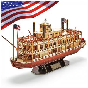 Quebra Cabeças 3D para Adultos, Tema Navio Mississippi com 142 Peças, CubicFun, Marrom