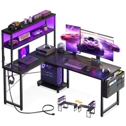 Mesa Gamer em Formato de L, 53" 134 cm com Luz LED, Tomadas, Suporte para CPU, Gancho para Fone de Ouvido e Bolsa de Armazenamento, 110V
