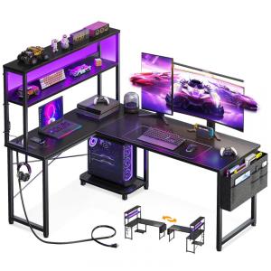 Mesa Gamer em Formato de L, 53" 134 cm com Luz LED, Tomadas, Suporte para CPU, Gancho para Fone de Ouvido e Bolsa de Armazenamento, 110V