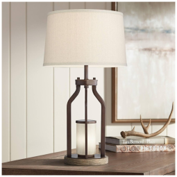 Luminária de Mesa Vintage em Metal e Abajur de Tecido, FRANKLIN IRON WORKS, Marrom