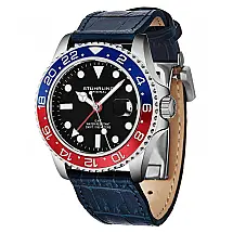 Relogio Meridian 3968L GMT 42mm com mostrador preto, moldura vermelha e azul, pulseira de couro azul e fivela de implantacao Stuhrling