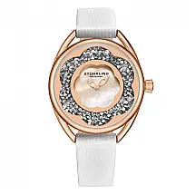 Relógio Feminino Stuhrling Lily 38mm, Mostrador Prateado, Pulseira Couro Branco e Fivela Ouro Rosa