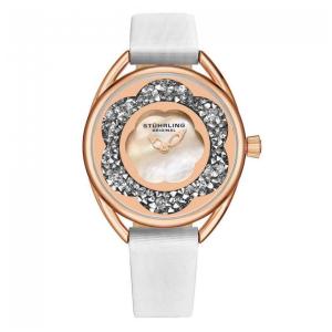 Relógio Feminino Stuhrling Lily 38mm, Mostrador Prateado, Pulseira Couro Branco e Fivela Ouro Rosa