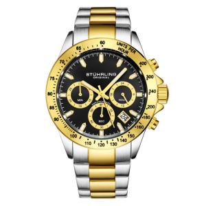 Relgio crongrafo Ultima 3960 de 42mm, mostrador preto com detalhes prateados, pulseira de ao inoxidvel dourada e fivela de implantao -