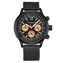 Relgio Crongrafo Stuhrling Monaco 669M e 3976 de 42mm, Mostrador Preto e Pulseira de Ao Inoxidvel Preto