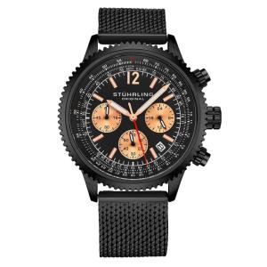 Relgio Crongrafo Stuhrling Monaco 669M e 3976 de 42mm, Mostrador Preto e Pulseira de Ao Inoxidvel Preto
