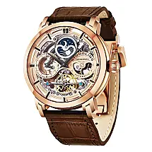 Relogio Anatol 371L Automatico 46mm, mostrador rosa, pulseira de couro marrom, fivela Tang em ouro rosa Stuhrling.