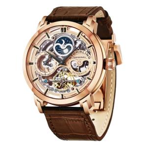 Relogio Anatol 371L Automatico 46mm, mostrador rosa, pulseira de couro marrom, fivela Tang em ouro rosa Stuhrling.