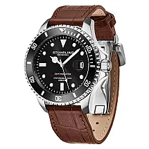 Relogio Automatico Swiss Depthmaster 883L 42mm, Mostrador Preto e Prata, Pulseira de Couro Marrom e Fivela de Implantacao Stuhrling.