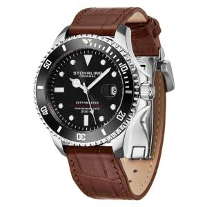 Relogio Automatico Swiss Depthmaster 883L 42mm, Mostrador Preto e Prata, Pulseira de Couro Marrom e Fivela de Implantacao Stuhrling.