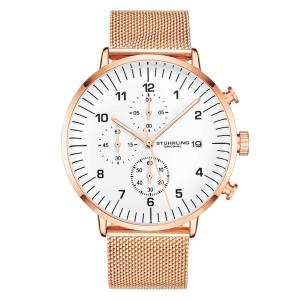 Relógio de Pulso Stuhrling Elegance 42mm, Mostrador Branco, Pulseira e Moldura em Ouro Rosa, Malha Ajustável