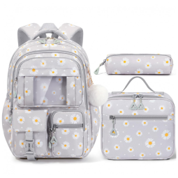 Mochila escolar Fimibuke cinza com estampa de margaridas 3 em 1, lancheira térmica e estojo