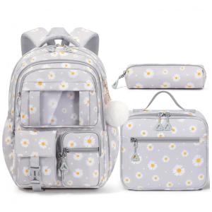 Mochila escolar Fimibuke cinza com estampa de margaridas 3 em 1, lancheira térmica e estojo