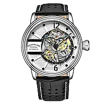 Relógio Stuhrling Prospero 3971 Automático 44mm, Mostrador Cinza e Pulseira de Couro Preta com Fivela Tang Prateada - Prata.