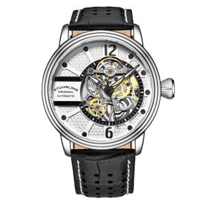 Relógio Stuhrling Prospero 3971 Automático 44mm, Mostrador Cinza e Pulseira de Couro Preta com Fivela Tang Prateada - Prata.
