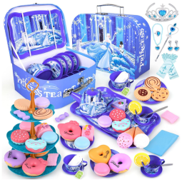 Jogo de Chá Infantil em Lata 46 Peças com Tema de Princesa e Maleta de Transporte para Crianças Acima de 3 Anos, Azul e Roxo