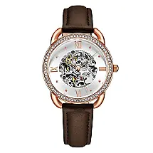 Relgio Stuhrling Automtico 3991 - Mostrador Prateado e Rosa, Pulseira de Couro Marrom Escuro e Fivela em Ouro Rosa