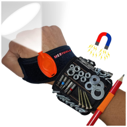 Pulseira Magnética para Pregos, Parafusos e Chaves, com LED, MEBTOOLS, Preto