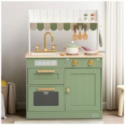 Mini Cozinha Educativa de Madeira ROBUD para Crianças, com Torneira Dourada, Pia, Forno, Fogão, Armário, Estilo Vintage - Presente