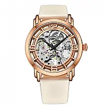 Relógio Winchester 3982 Automático 40mm, Mostrador Prateado, Pulseira de Couro Branco e Fivela em Camadas de Ouro - Stuhrling