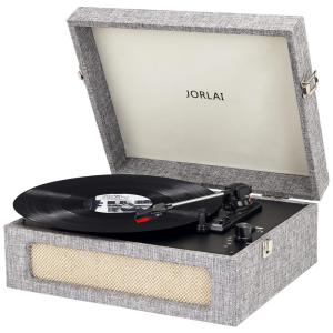 Toca Discos com Bluetooth, Codificação de Reprodução USB, Bateria Integrada e Alto Falantes Estéreo, JORLAI, Cinza Claro