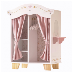Guarda-Roupas de Madeira ROBUD para Bonecas, Móveis de Closet com 5 Cabides, Espelho, Cortinas de Veludo, Para Roupas de Bonecas