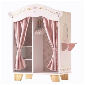 Guarda-Roupas de Madeira ROBUD para Bonecas, Móveis de Closet com 5 Cabides, Espelho, Cortinas de Veludo, Para Roupas de Bonecas