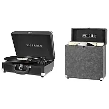 Toca Discos Bluetooth 3 Velocidades com Alto falantes Mala Portátil, VICTROLA, Preto
