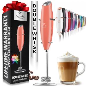 Espumador Elétrico de Leite em Aço Inoxidável a Bateria com Suporte, ZULAY KITCHEN Twin Whisk 12,500 RPM, Creme