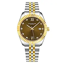 Relógio Stuhrling Gamine Classic 42mm Mostrador Marrom Pulseira Bicolor Amarelo e Prateado