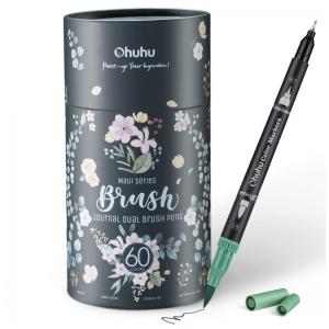 Conjunto de Canetas Artisticas 60 Cores com Pontas Duplas, Pincel Fino à Base de Água para Crianças e Adultos, Ohuhu, Preta