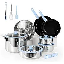 Jogo de Panelas e Frigideiras Antiaderentes, Material em Aço Inoxidável com 25 Peças, Cabo Removível, Utensílios de Cozinha