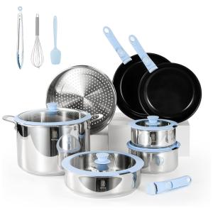 Jogo de Panelas e Frigideiras Antiaderentes, Material em Aço Inoxidável com 25 Peças, Cabo Removível, Utensílios de Cozinha