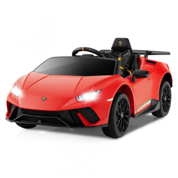 Carro Elétrico Infantil Licenciado Lamborghini Huracan OLAKIDS Vermelho 12V com Controle Remoto, 2 Velocidades, Suspensão, Bluetooth e USB
