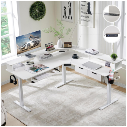 Mesa Gamer em L RedLemon 152 cm Ajustável em Altura com Gavetas, Bandeja de Teclado, Tomadas Elétricas e Luzes LED, Prateleira para Monitor