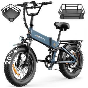 Bicicleta elétrica dobrável Jasion X Hunter azul com cestos motor 750W pico 1400W pneus 20x4 bateria 48V 13Ah suspensão total 110V