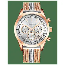 Relógio de pulso Preston 3975 com cronógrafo, mostrador prateado e pulseira rosa em liga com fivela dourada, da Stuhrling.