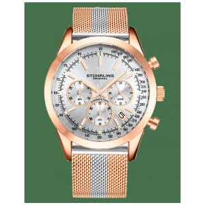 Relógio de pulso Preston 3975 com cronógrafo, mostrador prateado e pulseira rosa em liga com fivela dourada, da Stuhrling.