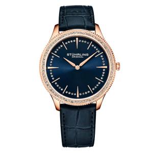 Relgio Stuhrling 3985 Clssico 38mm com Mostrador Azul, Pulseira de Couro Azul e Fivela em Ouro Rosa.