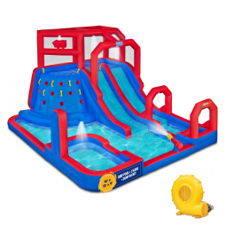 Parque Aquático Inflável até 204 kg com Parede de Escalada, 2 Escorregadores, Piscina Splash e Profunda, Sunny Fun, Azul e Vermelho