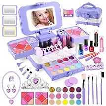 Kit de Maquiagem Infantil com 59 Peças e Espelho Iluminado por LED em 3 Cores para Crianças de 3 a 12 Anos, DAUXONE, Roxo