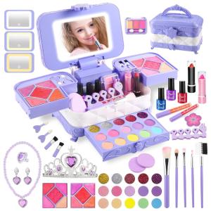 Kit de Maquiagem Infantil com 59 Peças e Espelho Iluminado por LED em 3 Cores para Crianças de 3 a 12 Anos, DAUXONE, Roxo
