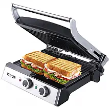 Grill Elétrico com Revestimento Antiaderente, temporizador e Controle de Temperatura Ajustável, 110V 1500W, VEVOR, Prata