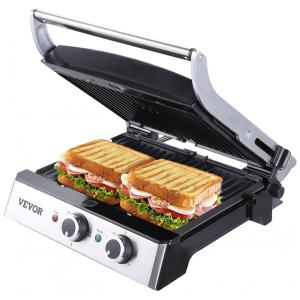 Grill Elétrico com Revestimento Antiaderente, temporizador e Controle de Temperatura Ajustável, 110V 1500W, VEVOR, Prata