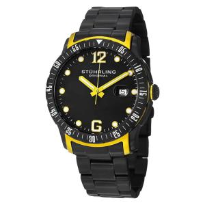 Relógio de pulso Trofu 421 45mm com mostrador preto e acabamento PVD preto, fivela de aço inoxidável, Stuhrling.