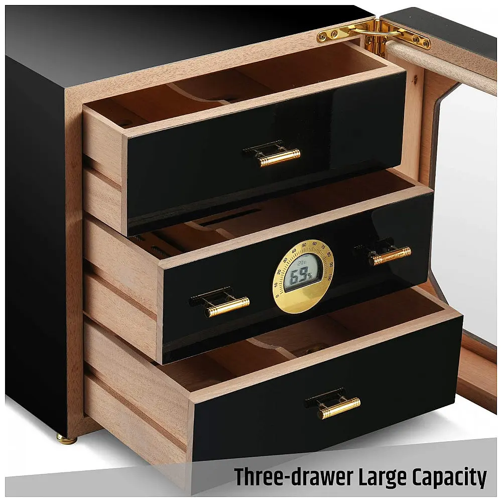 Humidor para Charutos Woodronic Preto Piano 100 Charutos com Higrômetro Digital e Cedro Espanhol — foto 2
