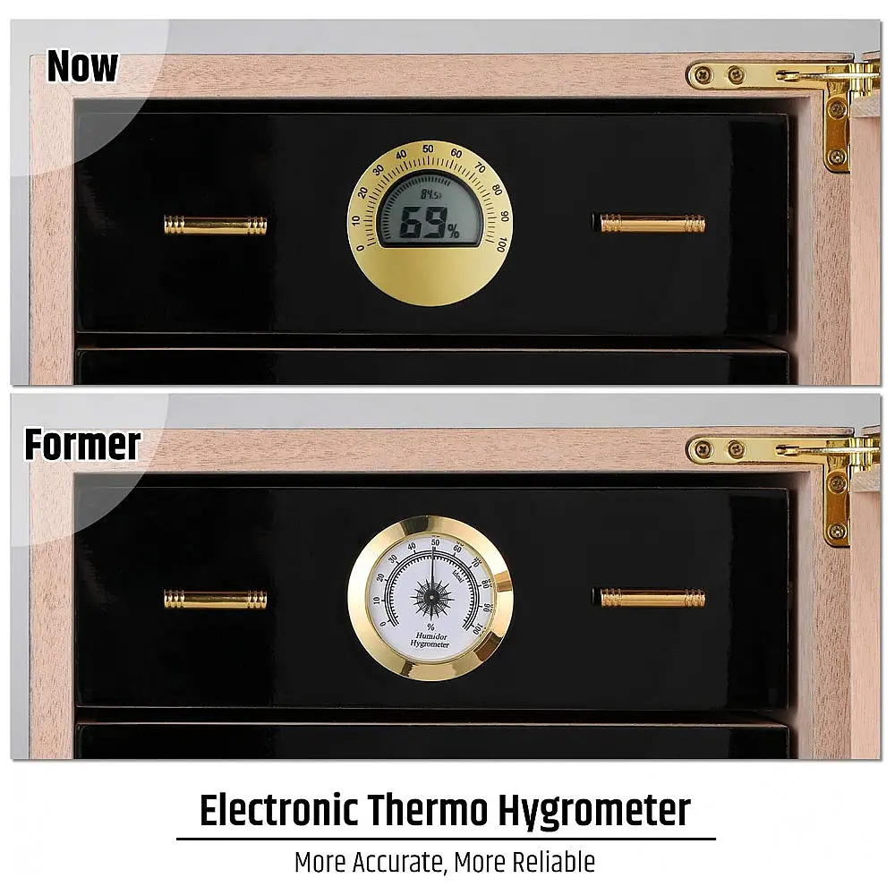 Humidor para Charutos Woodronic Preto Piano 100 Charutos com Higrômetro Digital e Cedro Espanhol — foto 3