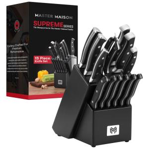 Conjunto de Facas em Aço Inoxidável com Bloco de Bancada, 15 Peças, MASTER MAISON, Preto