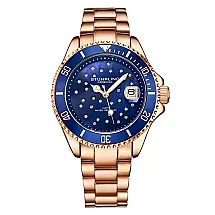 Relgio StarSea 3977 39mm com mostrador azul e pulseira em ao inoxidvel rosa com fivela de implantao dourada em camadas - Stuhrling.