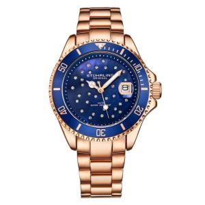 Relgio StarSea 3977 39mm com mostrador azul e pulseira em ao inoxidvel rosa com fivela de implantao dourada em camadas - Stuhrling.